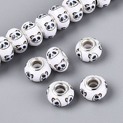 Панда Непрозрачная смола европейский бисер, RONDELLE большие шарики отверстия, с латунными сердечниками с серебряным покрытием, чёрные, панда, 13.5~14x9 мм, отверстие : 5 мм