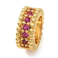 Medium Violet Red Brass Pave Cubic Zirconia Beads, Large Hole Beads, Column, Golden, Medium Violet Red, 6x13.5mm, Hole: 8.5mm