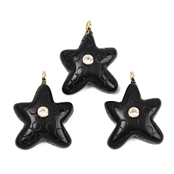Обсидиан Природные подвески обсидиана, Подвески в виде морских звезд с латунными микрофибровыми вставками из прозрачного кубического циркония., 27~28.5x21~21.5x8.5~9 мм, отверстие : 3 мм