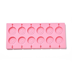 Pink DIY Lollipop Making Food Grade Silicone Molds, Candy Molds, Flat Round with Spiral, 12 Cavities, Pink, 115x264x8mm, Inner Diameter: 36mm, Fit for 3mm Stick