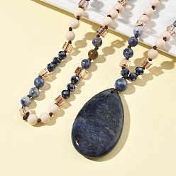 Sodalite Natural Sodalite Teardrop Pendant Glass Beaded Long Necklaces, 31.50 inch(80cm)