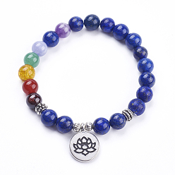 Mixed Stone Chakra Natural Mixed Stone Charm Bracelets, with Alloy Finding, Burlap Packing Pouches Drawstring Bags, Flat Round with Lotus, Antique Silver, 2 inch(50mm)