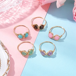 Light Gold 5шт. Кольца со знаком бесконечности из натурального тигрового глаза, окрашенного желтого нефрита, аметиста, зеленого авантюрина и синтетической бирюзы для женщин, кольца из медной проволоки, золотой свет, 8.5 мм, внутренний диаметр: 19 мм