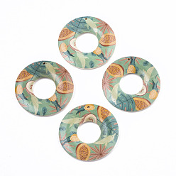 Medium Aquamarine Fruit Seris Printed Wood Pendants, Donut with Papaya Pattern, Medium Aquamarine, 45x5mm, Hole: 1.6mm