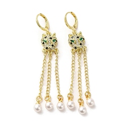 Green Leopard Head Golden Brass Micro Pave Cubic Zirconia Dangle Leverback Earrings, ABS Imitation Pearl Tassel Earrings, Green, 71x10.5mm