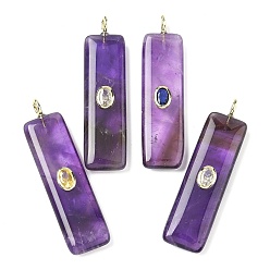 Аметист Подвески из натурального аметиста , прямоугольные подвески с латунной микропаве кубическими цирконами, золотые, цвет циркона случаен, 51x13x7 мм, отверстие : 3x2 мм