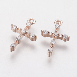 Розовое Золото Латунные микропейв с кубическим цирконием крошечные крестики, розовое золото , 13.5x9x2.5 мм, отверстие : 1 мм