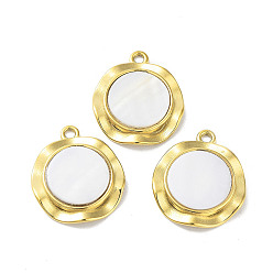 Golden 304 Stainless Steel Pave Natural White Shell Pendants, Flat Round Charms, Golden, 22.5x19x3.5mm, Hole: 1.8mm