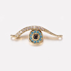 Real 18K Gold Plated Long-Lasting Plated Brass Micro Pave Cubic Zirconia Links, Cadmium Free & Lead Free, Evil Eye, Real 18K Gold Plated, 8x23x4mm, Hole: 0.5mm