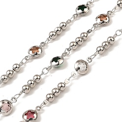 Platinum Rack Plating Flat Round with Star Brass Link Chains, with Glass, Long-Lasting Plated, Soldered, with Spool, Platinum, Flat Round with star: 7x13x3mm, Bar: 16.5x4mm, about 32.81 Feet(10m)/Roll