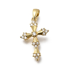 Настоящее золото 18K Латунные микропаве прозрачные подвески с фианитом, крест прелести, без кадмия и без свинца, долговечный, стойки покрытие, реальный 18 k позолоченный, 20.5x13.5x2.5 мм, отверстие : 4x2 мм