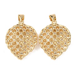 Настоящее золото 18K Латунные микропаве прозрачные подвески с фианитом, долговечный, амулеты из полых листьев, реальный 18 k позолоченный, 25x20x8 мм, отверстие : 4.5x3.5 мм
