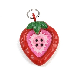 Strawberry Button 304 Stainless Steel Enamel Pendants, Fruit Charms, Strawberry Charms, 24x17.5x5mm, Hole: 4.5mm