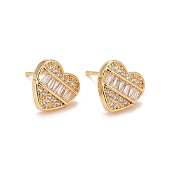 Real 18K Gold Plated Clear Cubic Zirconia Heart Stud Earrings, Rack Plating Brass Jewelry for Women, Cadmium Free & Lead Free, Real 18K Gold Plated, 10x11mm, Pin: 0.8mm