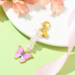 Rose Quartz Alloy Enamel Butterfly Pendant Decoration, Natural Rose Quartz Chips and Lobster Claw Clasps Charms, 64mm