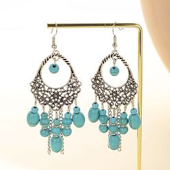 Teardrop Серьги dnagle с синтетической бирюзой, серьги в стиле бохо со сплавом, украшения для женщин, античное серебро, слеза, 85x30 мм