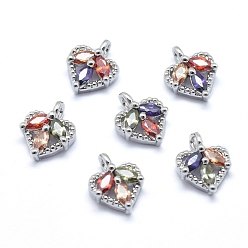 Платинированный Латунь прелести, с кубического циркония, без кадмия, без никеля и без свинца, сердце, разноцветные, Реальная платина, 10x8x3 мм, отверстие : 1.5 мм