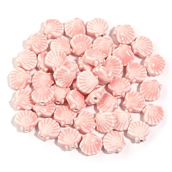 Розовый Ручной работы яркие остеклением шарики фарфора, формы раковины, туманная роза, 12 мм, отверстие : 1.8 мм, 5 шт / комплект