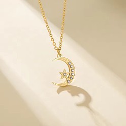 Oro 304 Collares unisex con colgante de luna y estrella de cristal y diamantes de imitación de acero inoxidable., dorado, 17.72 pulgada (45 cm)