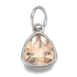 Персиковый Слойка 304 из нержавеющей стали кубического циркония кулон, треугольные, цвет нержавеющей стали, розовые, 12.5x9.5x5 мм, отверстие : 5 мм