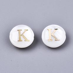 Letter K Natural Freshwater Shell Beads, with Golden Plated Brass Etched Metal Embellishments, Flat Round, Seashell Color, Letter.K, 8x3~5mm, Hole: 0.5~07mm