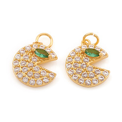 Real 18K Gold Plated Brass Micro Pave Cubic Zirconia Charms, with Jump Ring, Gap Flat Round, Clear & Green, Real 18K Gold Plated, 12.5x10.5x2.5mm, Jump Ring: 4x0.6mm, Hole: 2.5mm