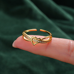 Настоящее золото 18K Женские кольца-манжеты из стерлингового серебра с микропаве и цирконием, сердце, реальный 18 k позолоченный, американский размер 4 1/4~12 3/4(15~22мм)