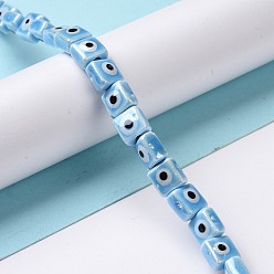 Sky Blue Handmade Porcelain Ceramic Beads Strands, Famille Rose Style, Square with Evil Eye, Sky Blue, 7.5~8x7.5~8x5~5.5mm, Hole: 2mm, about 40pcs/strand, 12.36~12.44 inch(31.4~31.6cm)