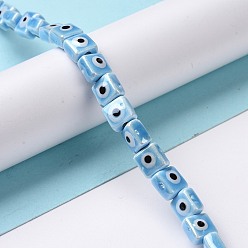 Sky Blue Handmade Porcelain Ceramic Beads Strands, Famille Rose Style, Square with Evil Eye, Sky Blue, 7.5~8x7.5~8x5~5.5mm, Hole: 2mm, about 40pcs/strand, 12.36~12.44 inch(31.4~31.6cm)