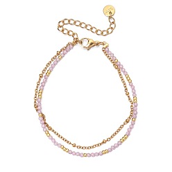 Pink Pulseras de cadena francesa de doble hebra de acero inoxidable en tono dorado con circonitas cúbicas redondas facetadas para mujer., rosa, 304 pulgada (6.50 cm)