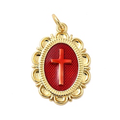 Красный Латунь эмаль подвески, с целью перехода в кольце, без кадмия, без никеля и без свинца, овальные с поперечными прелести, реальный 18 k позолоченный, красные, 22x15.5x2 мм, отверстие : 3.5 мм