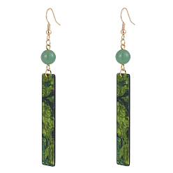 Green Aventurine Dangle Earrings, with Natural Green Aventurine Round Beads, Cellulose Acetate(Resin) Pendants and Real 18K Gold Plated Brass Earring Hooks, Rectangle, 89mm, Pin: 0.7mm