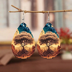 Colorido Pendientes colgantes de hierro y piel sintética, lágrima con patrón de árbol de la vida, colorido, 58x39 mm
