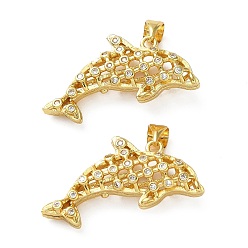 Dolphin Латунные микропаве прозрачные подвески с фианитом, реальный 18 k позолоченный, дельфин, 15x29x7 мм, отверстие : 3.5x4.5 мм
