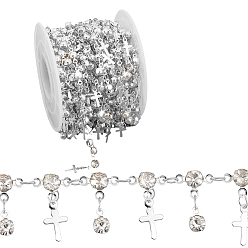 Серебро 4 плоская круглая подвеска с крестом, латунные цепочки со стразами, серебряные, 19x9.5x3.5 мм