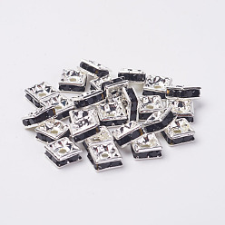 Jet Brass Rhinestone Spacer Beads, Grade A, Silver Color Plated, Square, Jet, 6x6x3mm, Hole: 1mm
