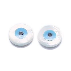 Blanc Cabochons coquille, avec turquoise synthétique, rond et plat avec des mauvais œil, blanc, 10x2~2.5mm