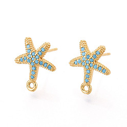 Бирюза Латунные серьги-гвоздики из циркония, морская звезда, без никеля , долговечный, реальный 18 k позолоченный, бирюзовые, 14x12 мм, отверстие : 1.2 мм, штифты : 0.7 мм