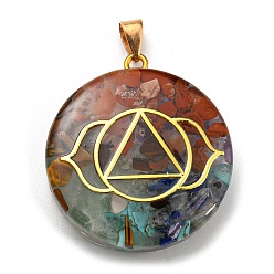 Смешанные камни Смешанный драгоценный камень плоский круглый подвески, Подвески чакры с позолоченным цветочным ломтиком из сплава, 39.5x35x10.5 мм, отверстие : 6.5x4 мм