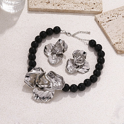 Черный Ожерелья и серьги с подвесками из цветочного сплава и смоляных бусин, платина, чёрные, 490 мм