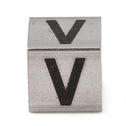 Letter V Устойчивые к потускнению 201 европейские бусины из нержавеющей стали, бусины с большим отверстием, куб с английской буквой, цвет нержавеющей стали, Буква V, 7x7x7 мм, отверстие : 5 мм