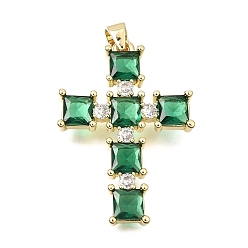 Green Brass Pave Cubic Zirconia Pendants, Cross with Square Charms, Long-Lasting Plated, Cadmium Free & Lead Free, Real 18K Gold Plated, Green, 32.5x23x3.5mm, Hole: 4x3.5mm
