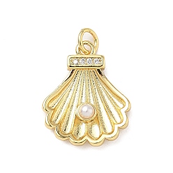Настоящее золото 18K Латунные микро проложить кубического циркония подвески, формы раковины, с ABS имитации жемчуга, без кадмия и без свинца, долговечный, стойки покрытие, с целью перехода в кольце, реальный 18 k позолоченный, 19.5x16x4 мм, отверстие : 3 мм