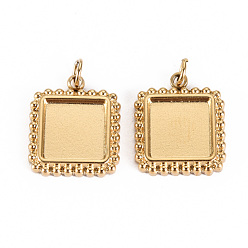 Real 14K Gold Plated Ion Plating(IP) 304 Stainless Steel Pendant Cabochon Settings, with Jump Rings, Square, Real 14K Gold Plated, Tray: 8x8mm, 14.5x12x2mm, Jump Ring: 3.8x0.5mm, 2.8mm inner diameter