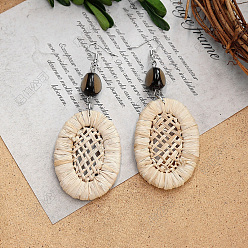 Oval Богемные серьги-подвески из дерева и ротанга, сплетенные из разных пород дерева., платина, овальные, 80x40 мм