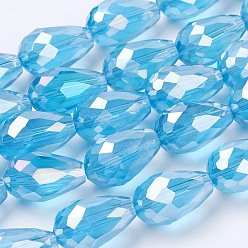 Sky Blue Electroplate Glass Beads Strands, AB Color Plated, Faceted Teardrop, Sky Blue, 15x10mm, Hole: 1mm, 50pcs/strand, 27.1 inch