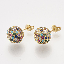 Golden Brass Cubic Zirconia Stud Earrings, with Ear Nuts, Round, Colorful, Golden, 21x10mm, Pin: 0.7mm