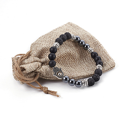 Lava Rock Natural Lava Rock and Black Agate(Dyed) Stretch Bracelets, with Non-Magnetic Synthetic Hematite, 304 Stainless Steel Beads and Alloy Beads, Palm, 2-1/4 inch(5.8cm)