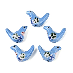 Cornflower Blue Handmade Porcelain Beads, Hand Painted, Famille Rose Porcelain, Bird, Cornflower Blue, 14~15x19~20x7~8mm, Hole: 1.6~2mm