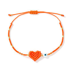Оранжевый Браслеты из бисера и плетеного бисера., плетеные браслеты из полиэфирного шнура для женщин, сердце и сглаз, оранжевые, 11.02 дюйм (28 см)